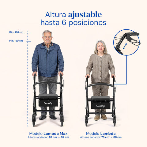 Deambulatore Lambda Max | Rollator, 4 ruote XL, sedile e schienale (Nero)