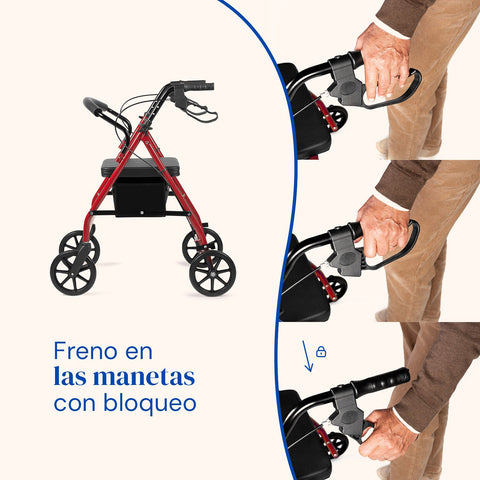 Deambulatore Lambda Max | Rollator, 4 ruote XL, sedile e schienale (Rosso)