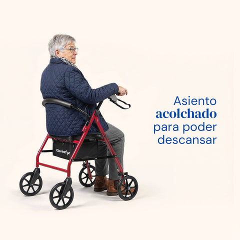 Deambulatore Lambda Max | Rollator, 4 ruote XL, sedile e schienale (Rosso)