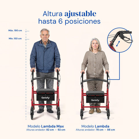 Deambulatore Lambda Max | Rollator, 4 ruote XL, sedile e schienale (Rosso)
