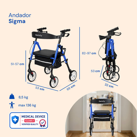Andador Sigma | Rollator, plegable, 4 ruedas (Azul)