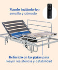Cama articulada eléctrica, ajustable mediante mando inalámbrico. Somier con refuerzo en las patas para mayor estabilidad