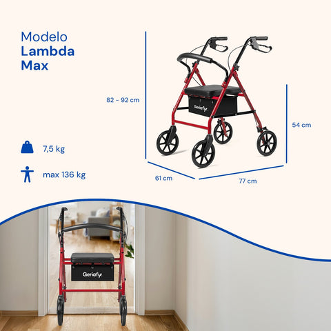 Deambulatore Lambda Max | Rollator, 4 ruote XL, sedile e schienale (Rosso)