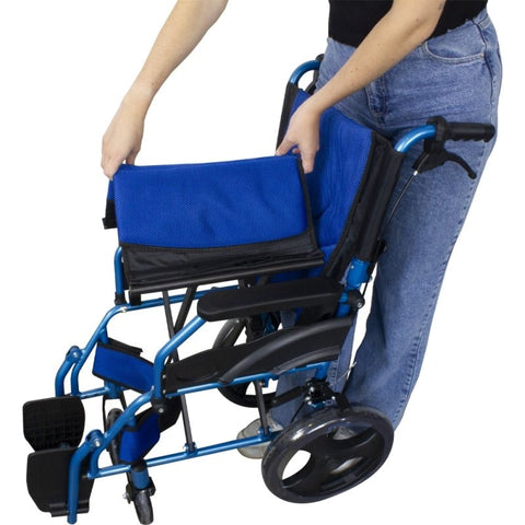 Sedia a rotelle pieghevole in alluminio con freni sulle maniglie, colore blu