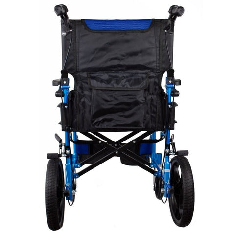 Sedia a rotelle pieghevole in alluminio con freni sulle maniglie, colore blu
