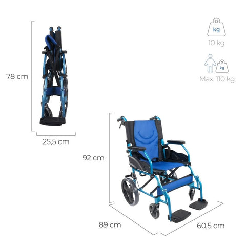 Sedia a rotelle pieghevole in alluminio con freni sulle maniglie, colore blu